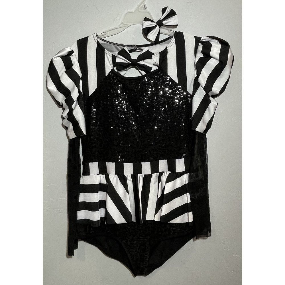 black and white striped dance leotard with skirt